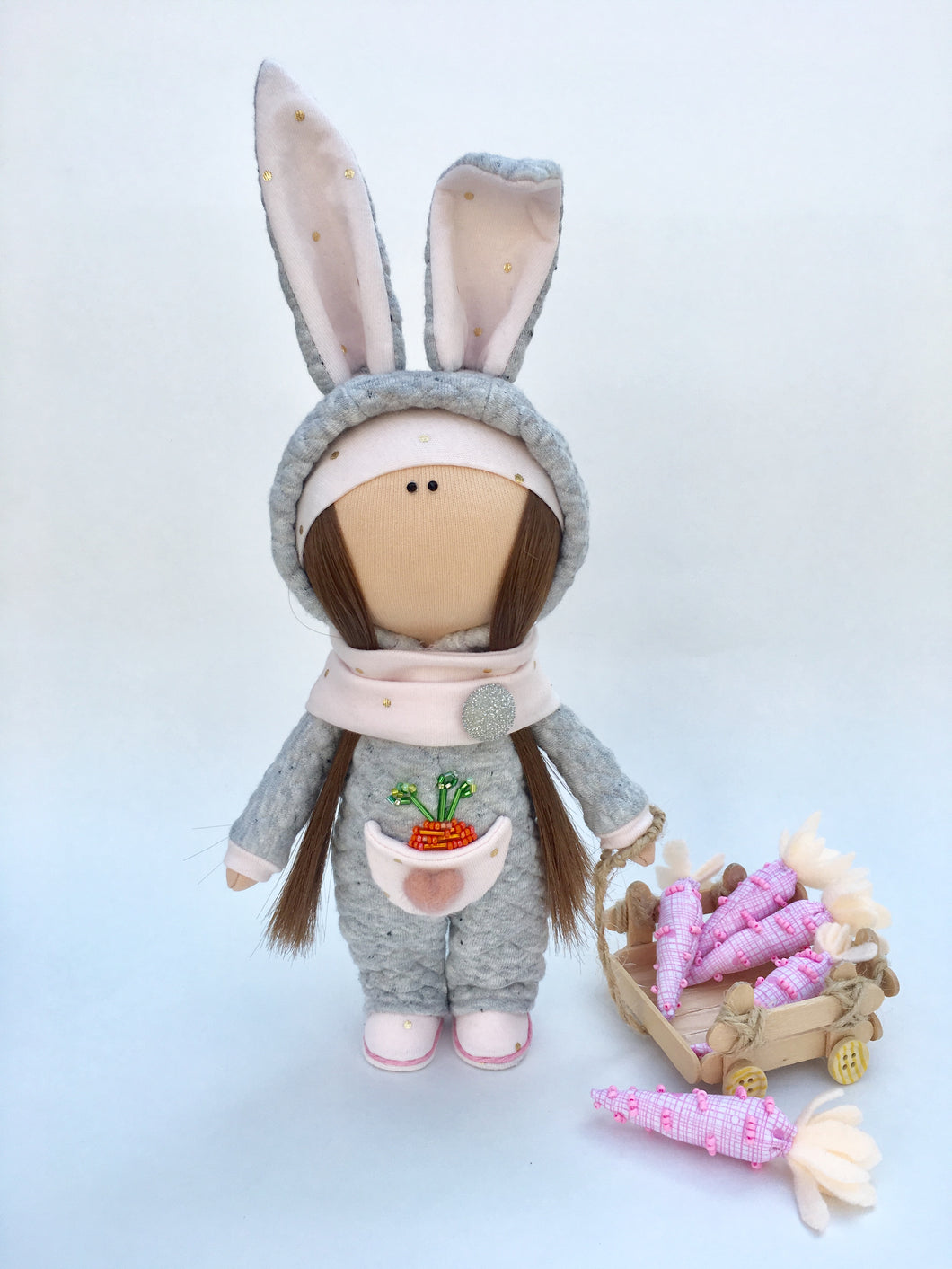Layla Mini Gray Bunny Doll with Carrot Wagon 12