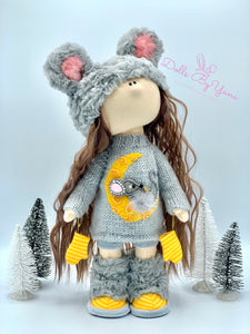 Bella 14"/35cm Furry Gray Mouse Winter Doll with Knit Moon Sweater Dress