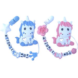 Pink or Blue Unicorn Silicone Pacifier Clip and Teether, Personalized