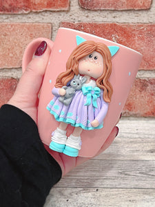 Handmade Polymer Clay 3D Light Brown Haired Girl on a Pink Ceramic Mug