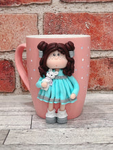 Load image into Gallery viewer, Handmade Polymer Clay 3D Brown Haired Girl on a Pink Ceramic Mug
