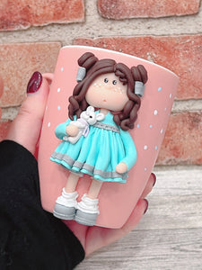 Handmade Polymer Clay 3D Brown Haired Girl on a Pink Ceramic Mug