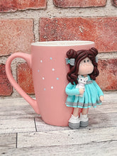 Load image into Gallery viewer, Handmade Polymer Clay 3D Brown Haired Girl on a Pink Ceramic Mug
