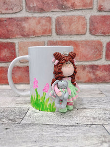 Handmade Polymer Clay 3D Brown Haired Girl with Bunny and Crown Mug