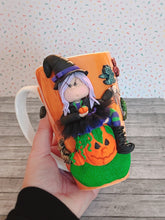 Load image into Gallery viewer, Handmade Polymer Clay 3D Orange Witch Tall Mug
