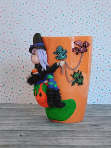 Handmade Polymer Clay 3D Orange Witch Tall Mug