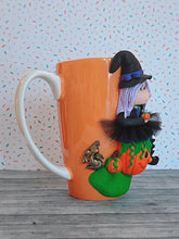 Load image into Gallery viewer, Handmade Polymer Clay 3D Orange Witch Tall Mug
