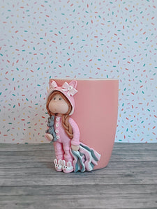 Handmade Polymer Clay 3D Girl in Pink Bunny PJs on a Pink Ceramic Mug