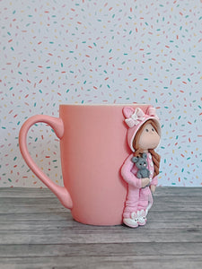 Handmade Polymer Clay 3D Girl in Pink Bunny PJs on a Pink Ceramic Mug