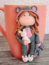 Load image into Gallery viewer, Handmade Polymer Clay 3D Girl in Grey Bear PJs on a Pink Ceramic Mug
