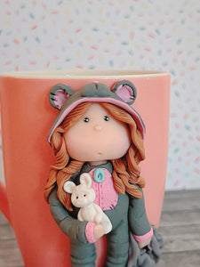 Handmade Polymer Clay 3D Girl in Grey Bear PJs on a Pink Ceramic Mug