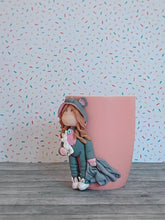 Load image into Gallery viewer, Handmade Polymer Clay 3D Girl in Grey Bear PJs on a Pink Ceramic Mug
