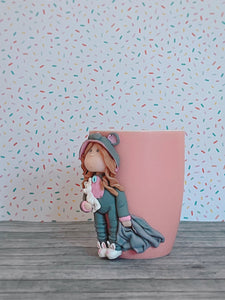 Handmade Polymer Clay 3D Girl in Grey Bear PJs on a Pink Ceramic Mug