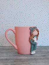 Load image into Gallery viewer, Handmade Polymer Clay 3D Girl in Grey Bear PJs on a Pink Ceramic Mug
