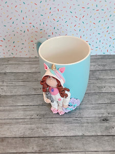 Handmade Polymer Clay 3D Girl in White Unicorn PJs on a Blue Ceramic Mug