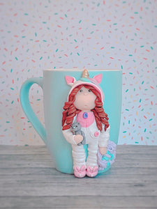 Handmade Polymer Clay 3D Girl in White Unicorn PJs on a Blue Ceramic Mug