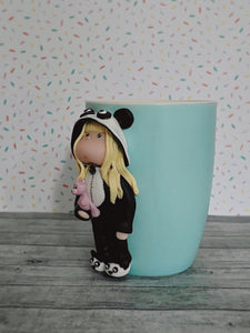 Handmade Polymer Clay 3D Blonde Girl in Panda PJs on a Blue Ceramic Mug