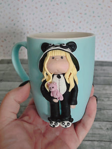 Handmade Polymer Clay 3D Blonde Girl in Panda PJs on a Blue Ceramic Mug