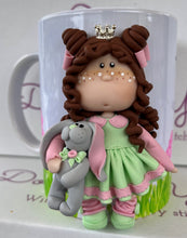Load image into Gallery viewer, Handmade Polymer Clay 3D Brown Haired Girl with Bunny and Crown Mug
