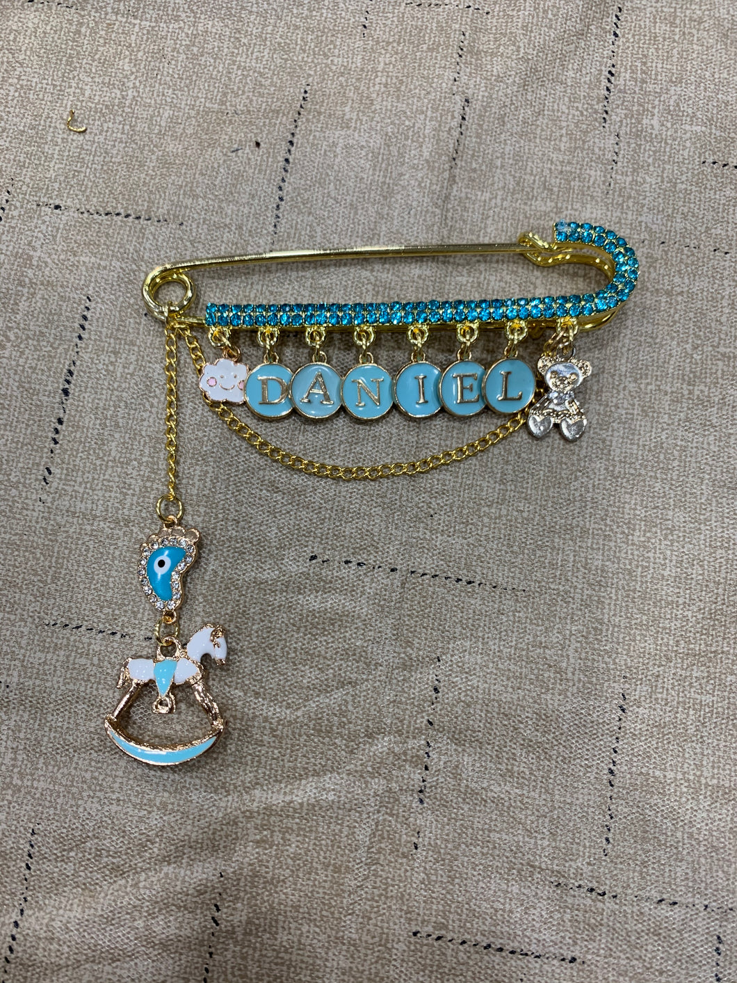 Baby Boy Blue Crystals and Letters Stroller Pin, 4