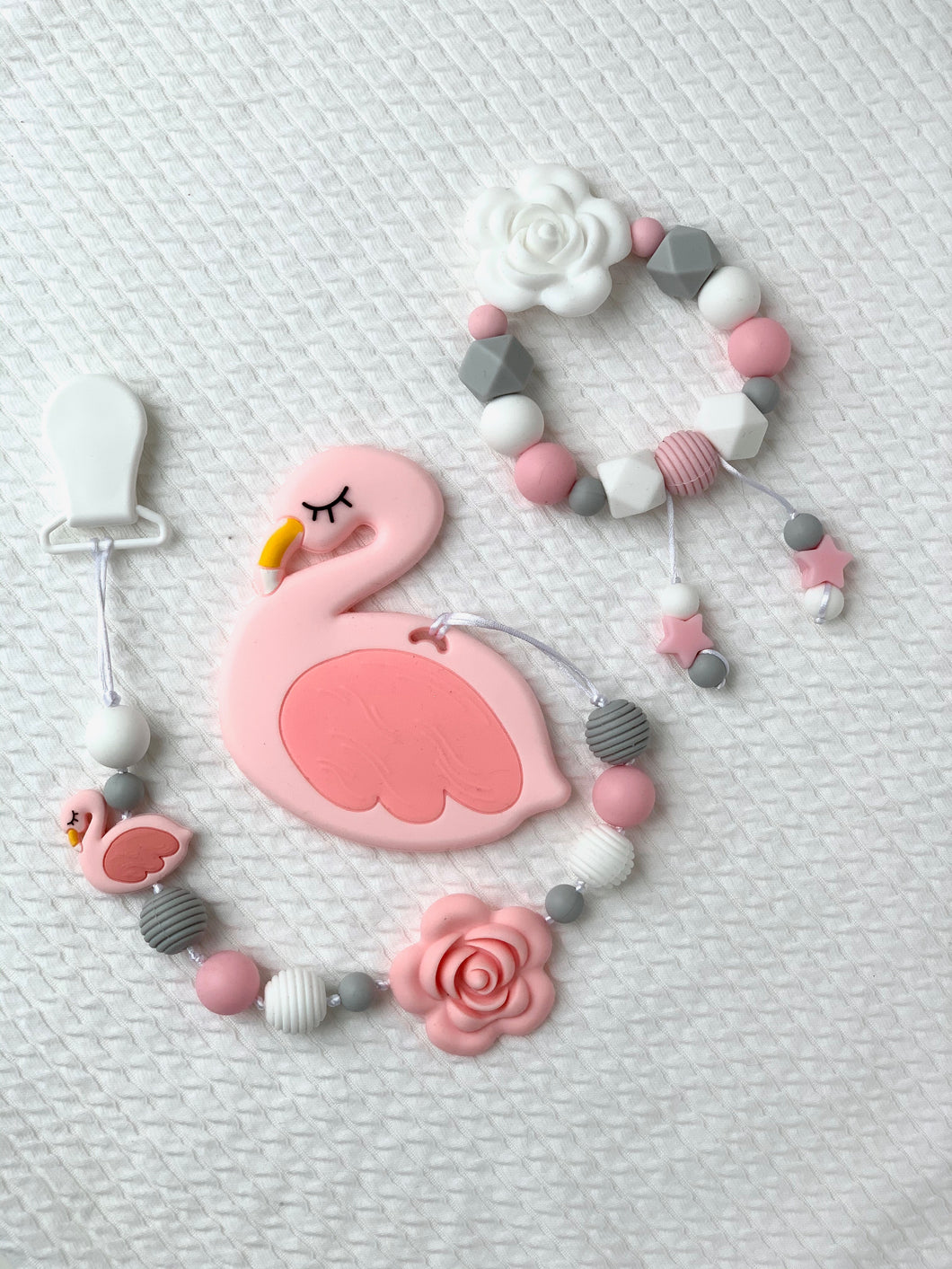 Pink Flamingo Silicone Pacifier Clip, Teether, and Bracelet