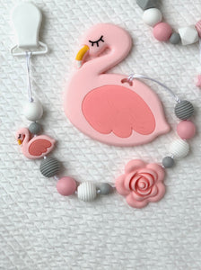 Pink Flamingo Silicone Pacifier Clip, Teether, and Bracelet