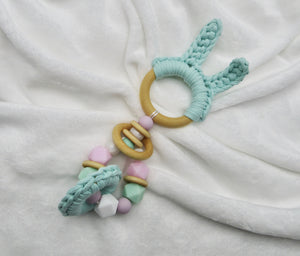 Mint Green Bunny Ears Wood & 100% Cotton Knitted Teether