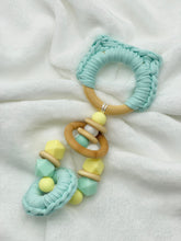 Load image into Gallery viewer, Mint Green Kitty Ears Wood &amp; 100% Cotton Knitted Teether
