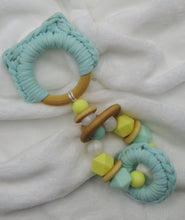 Load image into Gallery viewer, Mint Green Kitty Ears Wood &amp; 100% Cotton Knitted Teether
