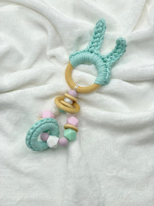 Mint Green Bunny Ears Wood & 100% Cotton Knitted Teether