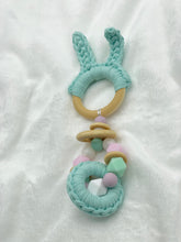 Load image into Gallery viewer, Mint Green Bunny Ears Wood &amp; 100% Cotton Knitted Teether
