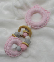 Load image into Gallery viewer, Pink Kitty Ears Wood &amp; 100% Cotton Knitted Teether
