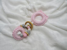 Load image into Gallery viewer, Pink Kitty Ears Wood &amp; 100% Cotton Knitted Teether
