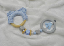 Load image into Gallery viewer, Blue Bear Ears Silicone, Wood &amp; 100% Cotton Knitted Teether
