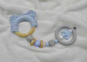 Blue Bear Ears Silicone, Wood & 100% Cotton Knitted Teether