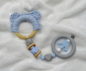 Blue Bear Ears Silicone, Wood & 100% Cotton Knitted Teether