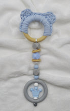 Load image into Gallery viewer, Blue Bear Ears Silicone, Wood &amp; 100% Cotton Knitted Teether
