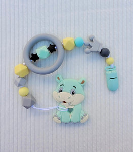 Hippo Silicone Pacifier Clip and Teether, Mint Green & Gray