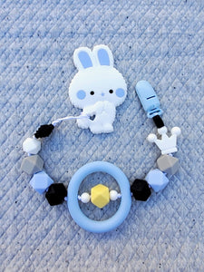 Bunny Silicone Pacifier Clip and Teether, White & Blue