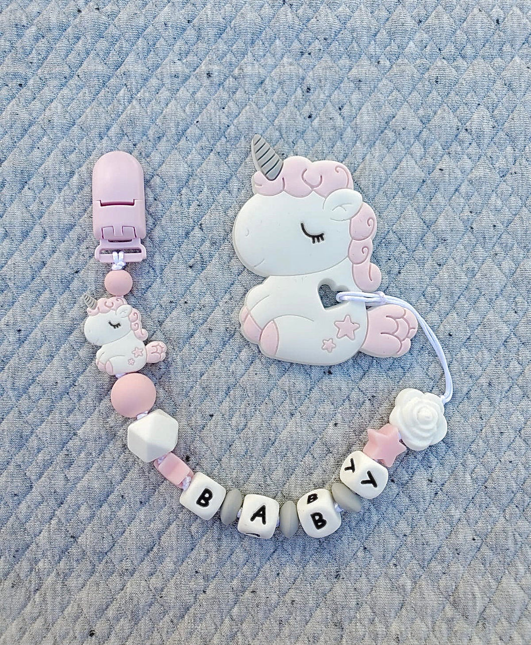 White Unicorn Silicone Pacifier Clip and Teether, Personalized