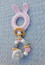 Load image into Gallery viewer, Pink Bunny Ears Wood &amp; 100% Cotton Knitted Teether
