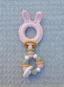 Pink Bunny Ears Wood & 100% Cotton Knitted Teether