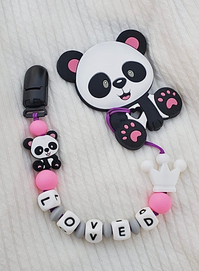 Panda Silicone Pacifier Clip and Teether. Personalized