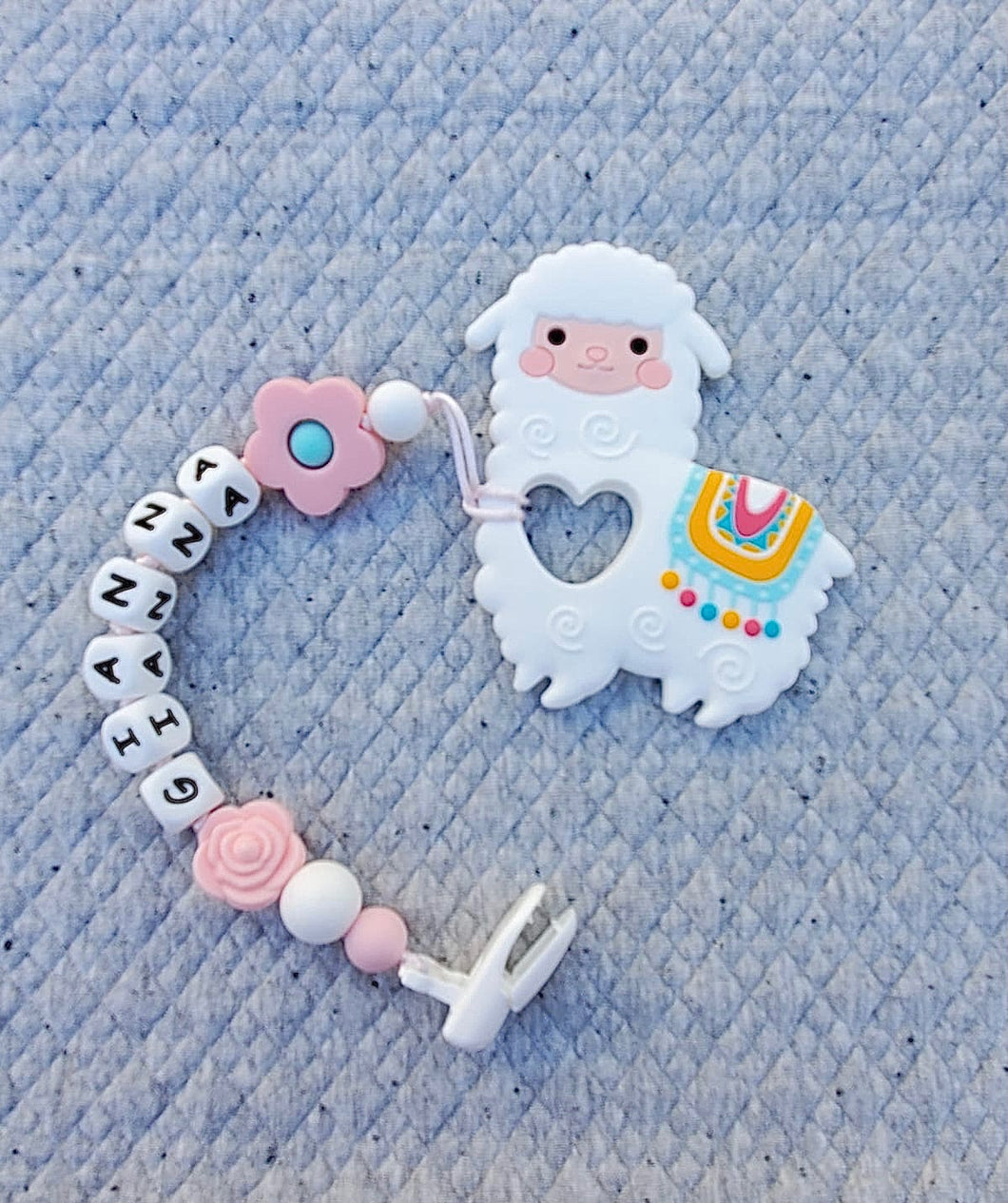 White Llama Silicone Pacifier Clip and Teether. Personalized