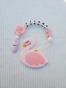 Pink Flamingo Silicone Pacifier Clip and Teether. Personalized