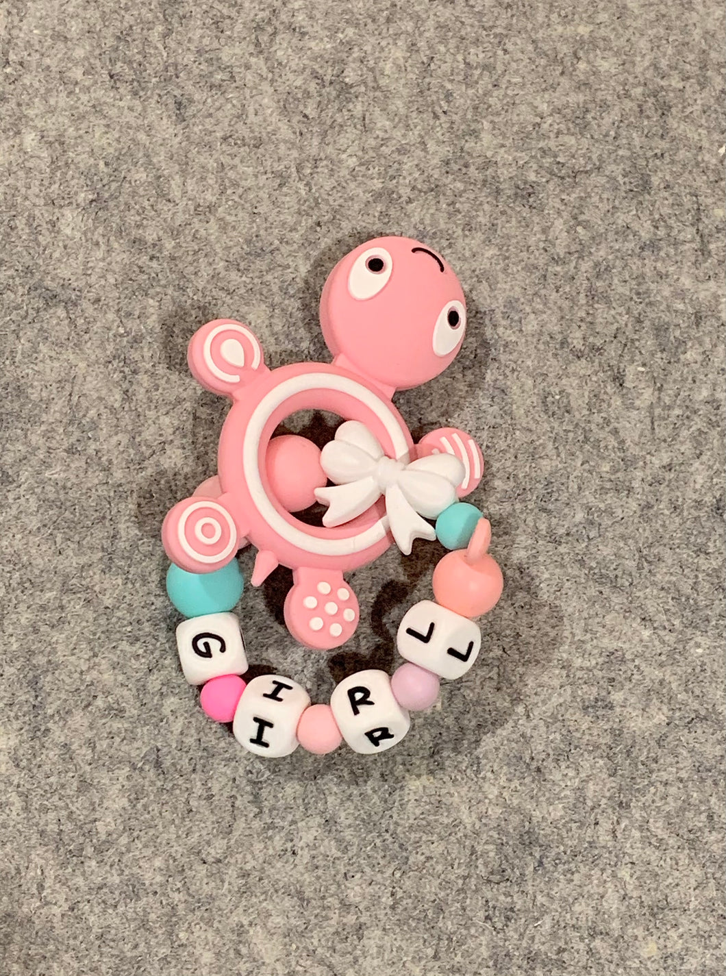 Pink Turtle Silicone Teether Bracelet. Personalized