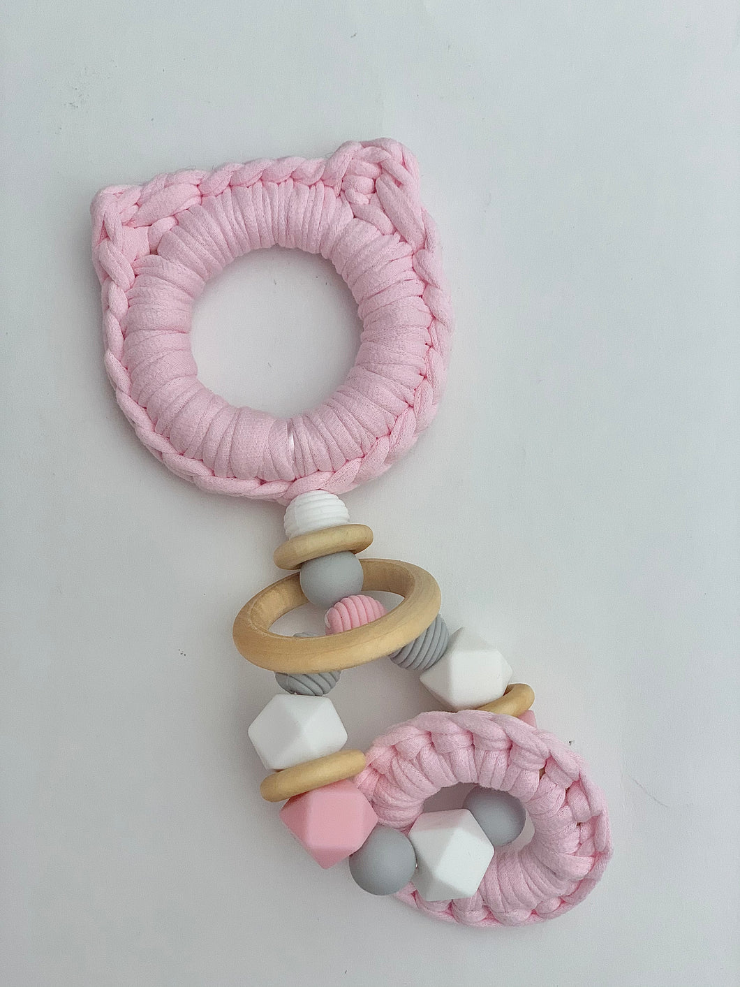 Pink Kitty Ears Wood & 100% Cotton Knitted Teether