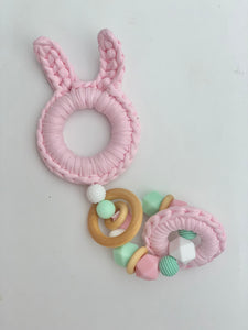 Pink Bunny Ears Wood & 100% Cotton Knitted Teether