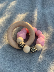 Beech Wood and Silicone Teether Ring, Pink and Leopard