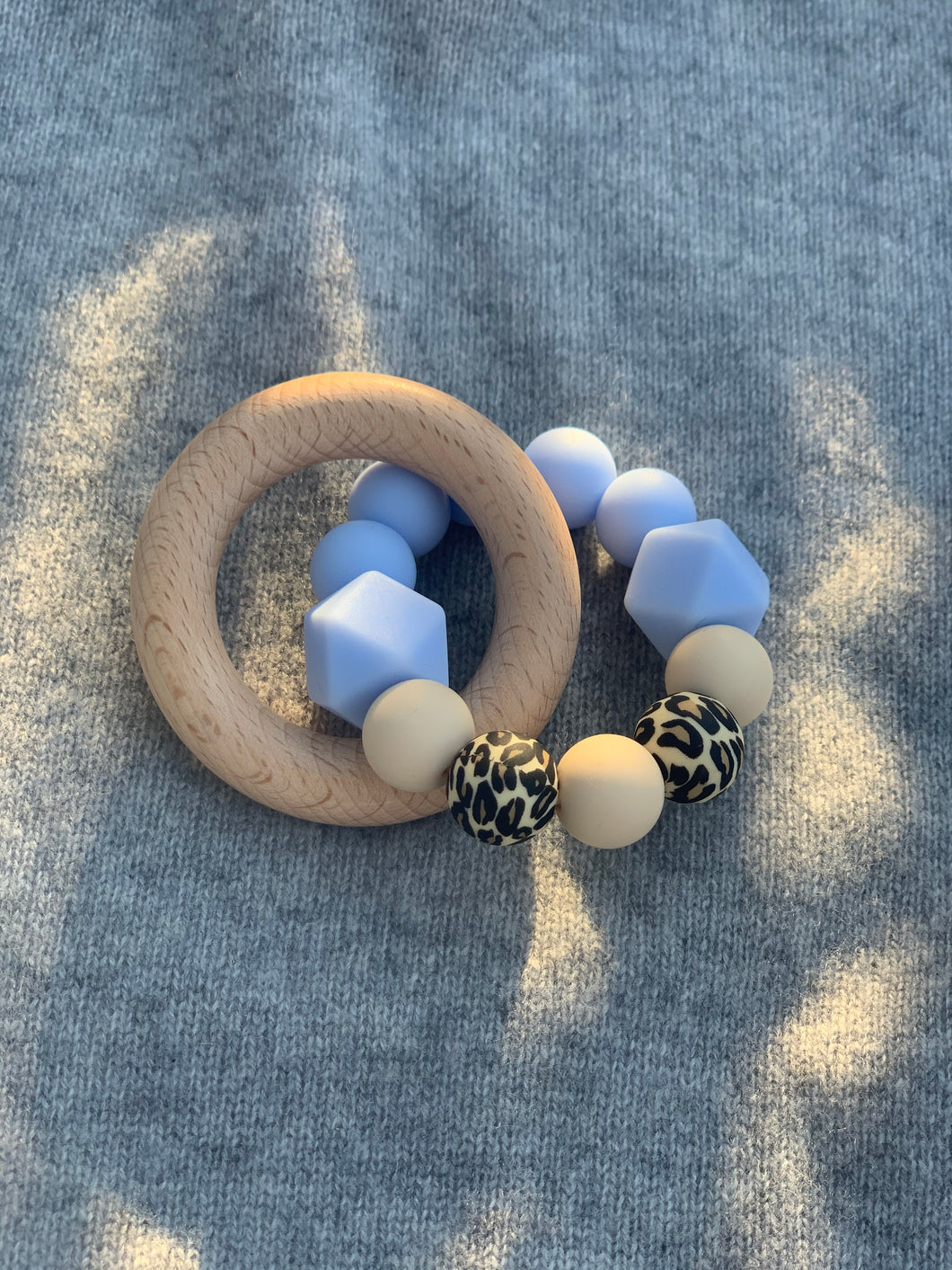 Beech Wood and Silicone Teether Ring, Blue and Leopard
